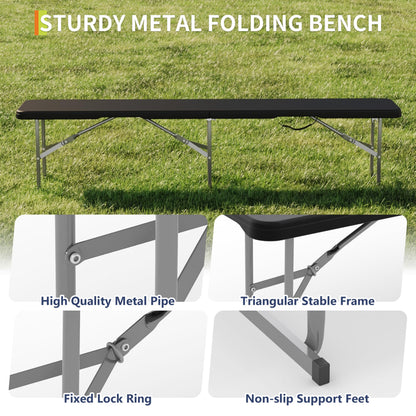 Garvee 6FT Folding Bench 2 Pack, Plastic Portable Folding Bench Seat with Carry Handle & Lock for in/Outdoor Activities, Picnic, Soccer, Caming Dining Seat, Black