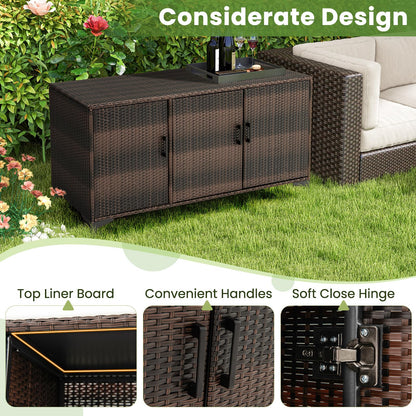 Giantex 84-Gallon Wicker Deck Box - Patio Storage Cabinet, 3-Door PE Rattan Storage Container with Removable Shelves, Indoor & Outdoor Package Box for Porch, Patio Furniture Cushions Tools (Brown)
