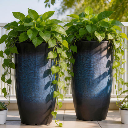 Autodaya 23.8" Large Tall Planters Set of 2 Plant Pot Plastic Flower Pots Outdoor Gradient Cobalt Blue Finish Front Porch Decor Pot Weather-Resistant & Lightweight for Garden, Patio, Deck, Indoor