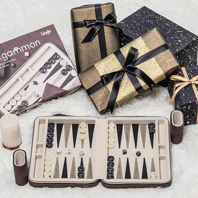 Backgammon Sets for Adults Classic Board Game with Folding Faux Leather Backgammon Case Portable Travel Backgammon Game Set (Brown)