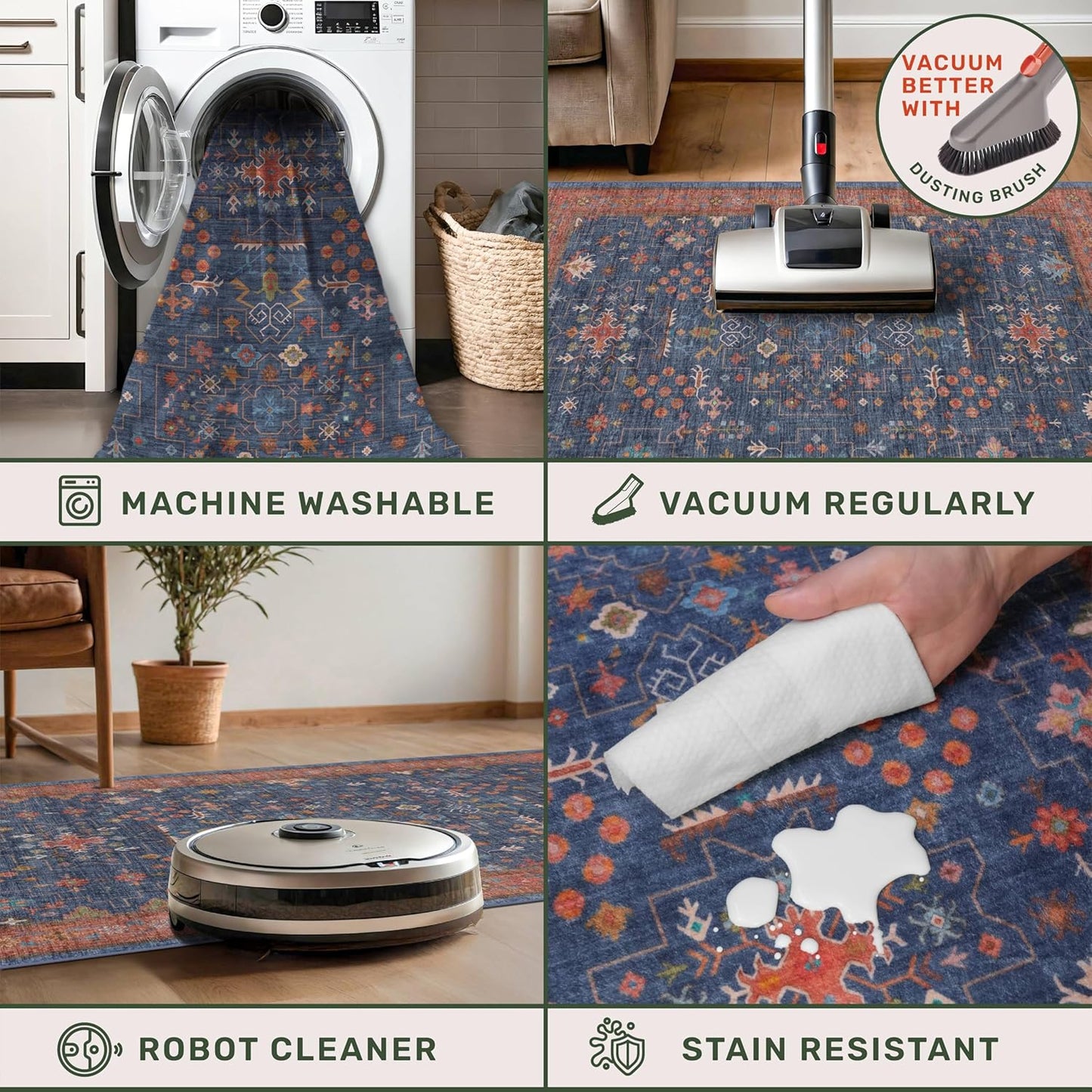 Skiennix Washable Kitchen Rugs - Stain Resistant Non-Slip Area Rug for Entryway | 3x4 Navy Blue Boho Décor