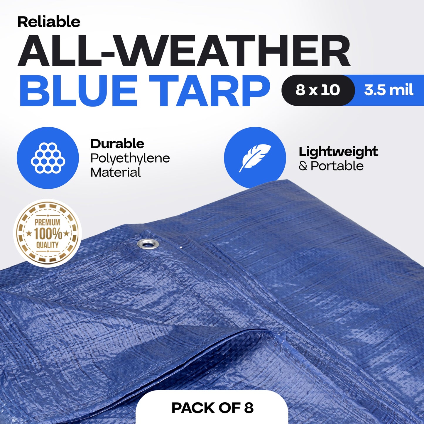 Blue Tarps Waterproof 8'x10', Pack of 8 - USA-Made 3.5 mil Thick Camping Tarp for Car, Boat & Storage Cover - Heavy-Duty Poly Tarpaulin with Grommets for Indoor and Outdoor Protection by IDL Packaging