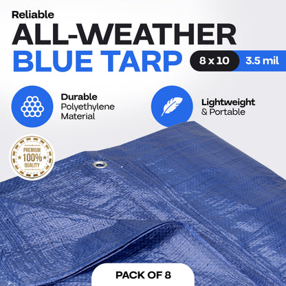 Blue Tarps Waterproof 8'x10', Pack of 8 - USA-Made 3.5 mil Thick Camping Tarp for Car, Boat & Storage Cover - Heavy-Duty Poly Tarpaulin with Grommets for Indoor and Outdoor Protection by IDL Packaging