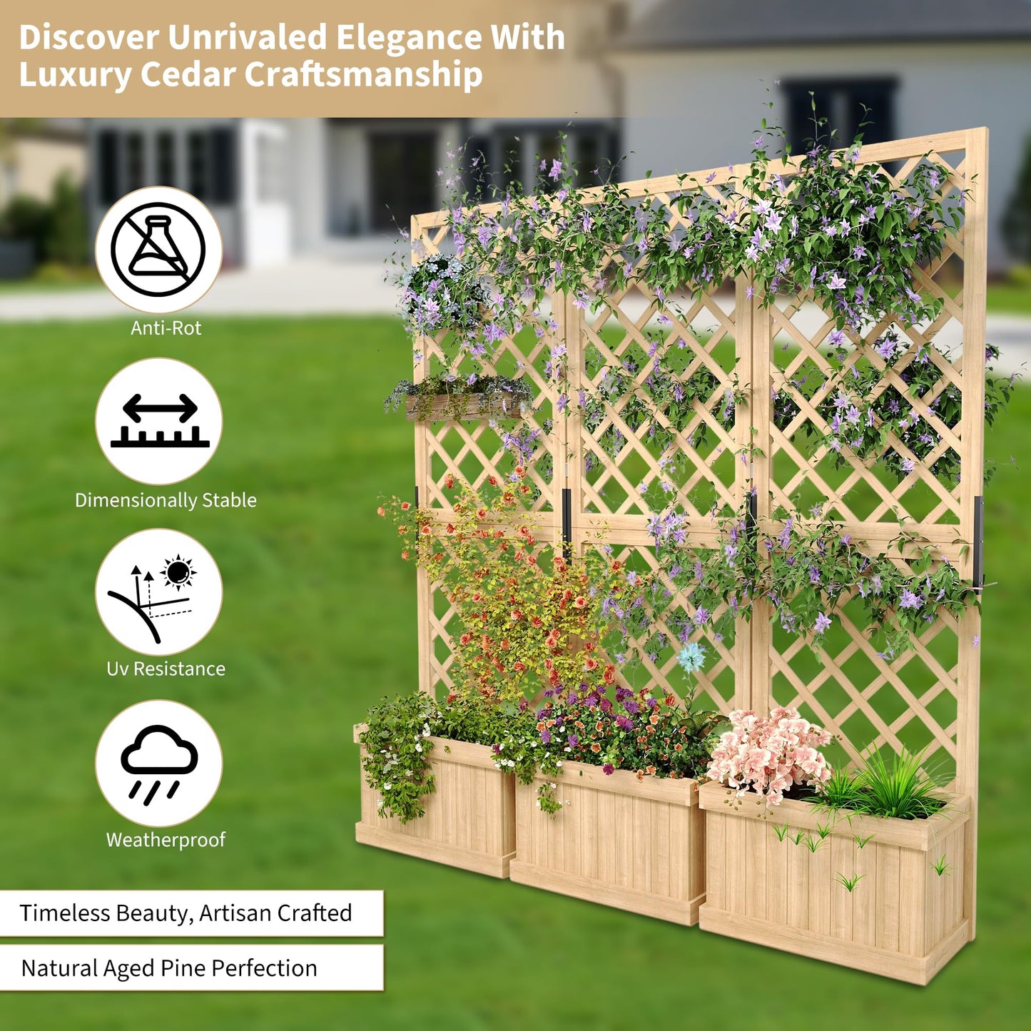 Cedar Privacy Screen with Planter Box - 3-Panel Freestanding Garden Fence, 62 in x10 in x65 in Tall Outdoor Divider with Drain Holes & Raised Bed for Patio, Deck & Backyard (Natural Wood)