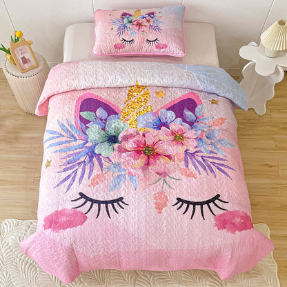 Twin Size Quilt Set for Girls 2-Piece Pink Unicorn Kids Comforter Bedding Set Stars Flowers Reversible Quilted Bedspread Coverlet Lightweight Bed Sheet Set Cover Throw Blanket with Pillow Sham