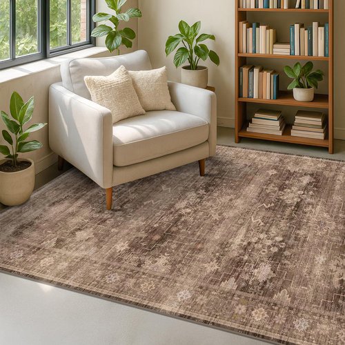 Hazo Haus Boho Brown Living Room Rug - Modern Vintage 6x8 Washable Non-Slip Area Rug for Dining & Lounge
