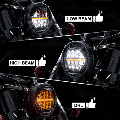 DOT Approved 5-3/4" 5.75 Inch LED Headlight with Amber DRL Compatible with Dyna Street Bob Super Wide Glide Low Rider Night Rod Train Softail Deuce Custom Sportster Iron 883,Black