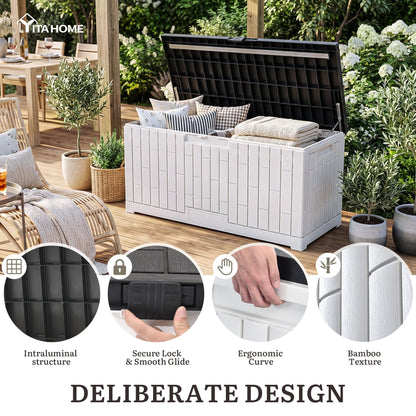 YITAHOME 120 Gallon Outdoor Storage Deck Box, Large Resin Patio Storage with Slide-Locking Black Lid, 2-Person Bench Seat for Outdoor Pillows, Garden Tools & Pool-Supplies, Waterproof, Grayish-White