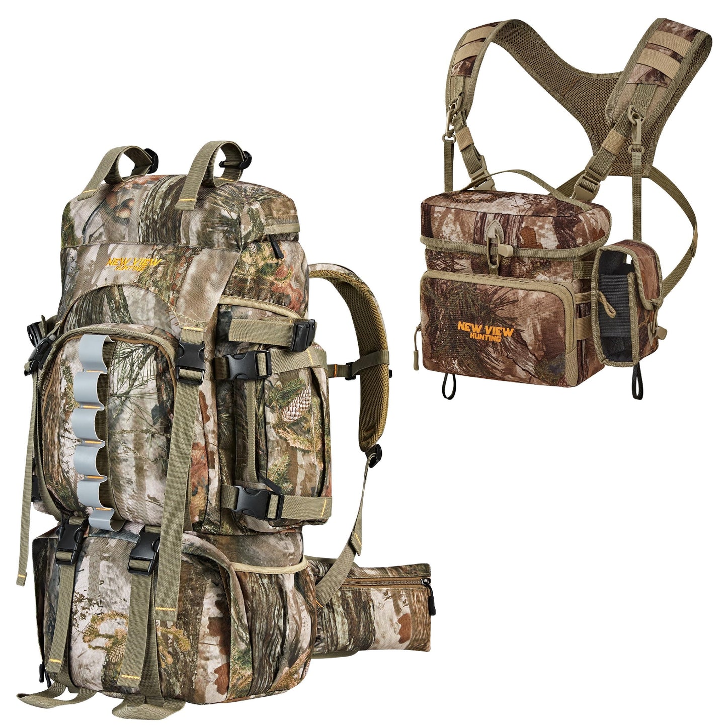 NEW VIEW 60L Hunting Backpack with Waterproof Rain Cover & Bino Packs for Hunting - Binocular Straps Harness Chest Pack