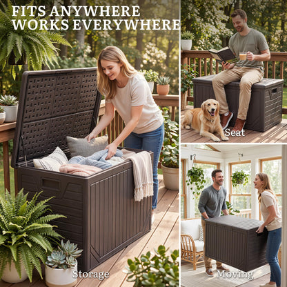 YITAHOME 230 Gallon Extra Large Outdoor Storage Box, Waterproof Double-WallDeck Box with Hydraulic Piston for Garden Tools, Pool Accessories & Cushions, Resin Deck Organizer with Bench Seat(Brown)