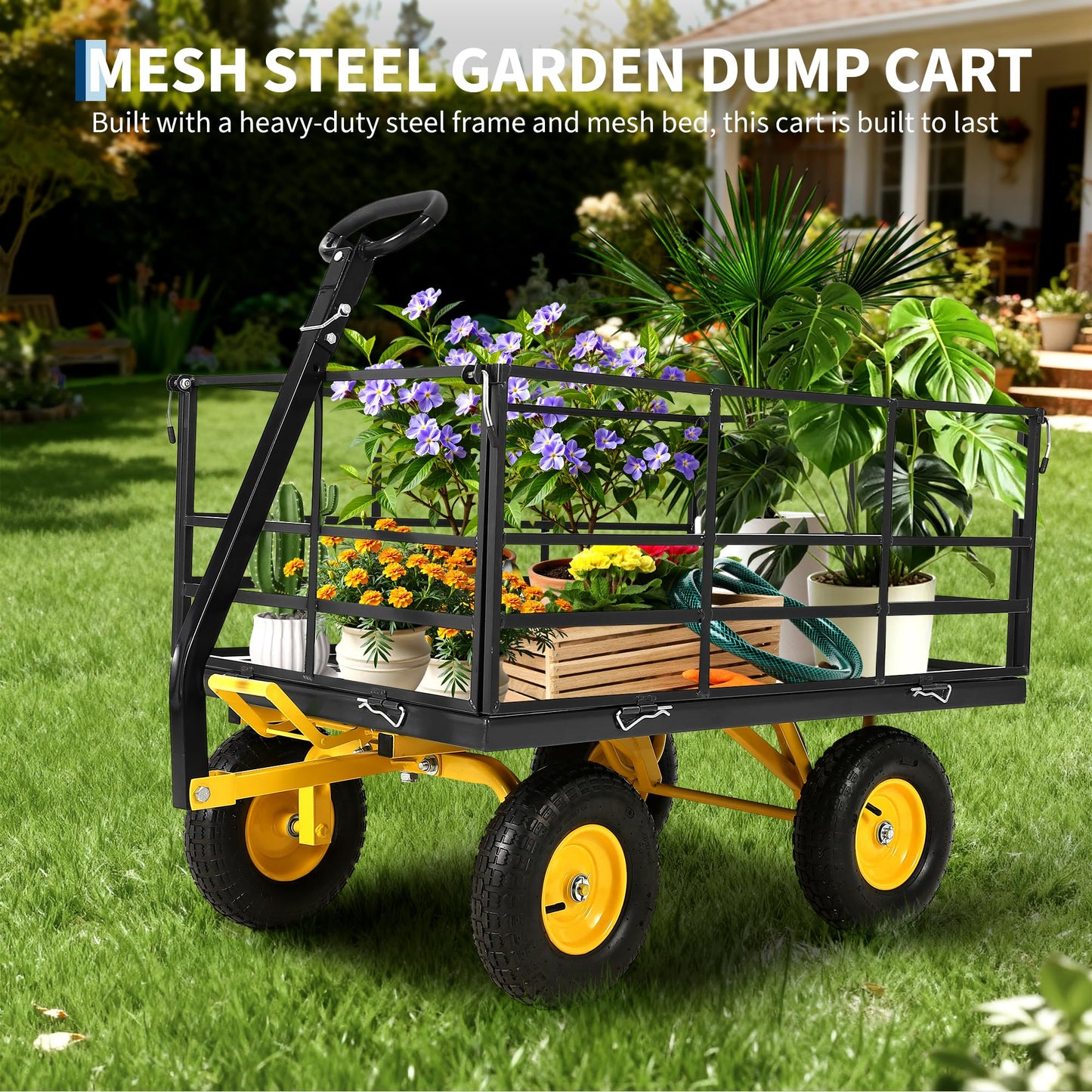 1500 lbs Steel Garden Cart, Folding Utility Wagon with Removable Sides, Garden Wagon Cart on Wheels, Dump Wagon with 13 in Tires180° and Swivel Handle, Yellow