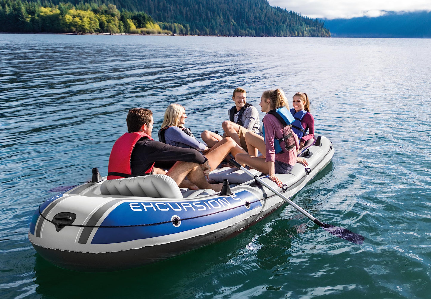 Intex Excursion 5 Person Inflatable Boat, Water Fishing River Raft Set w/ Oars - Large 1,300 Lb Capacity Portable Blow-Up 5 Seater Raft for Adults