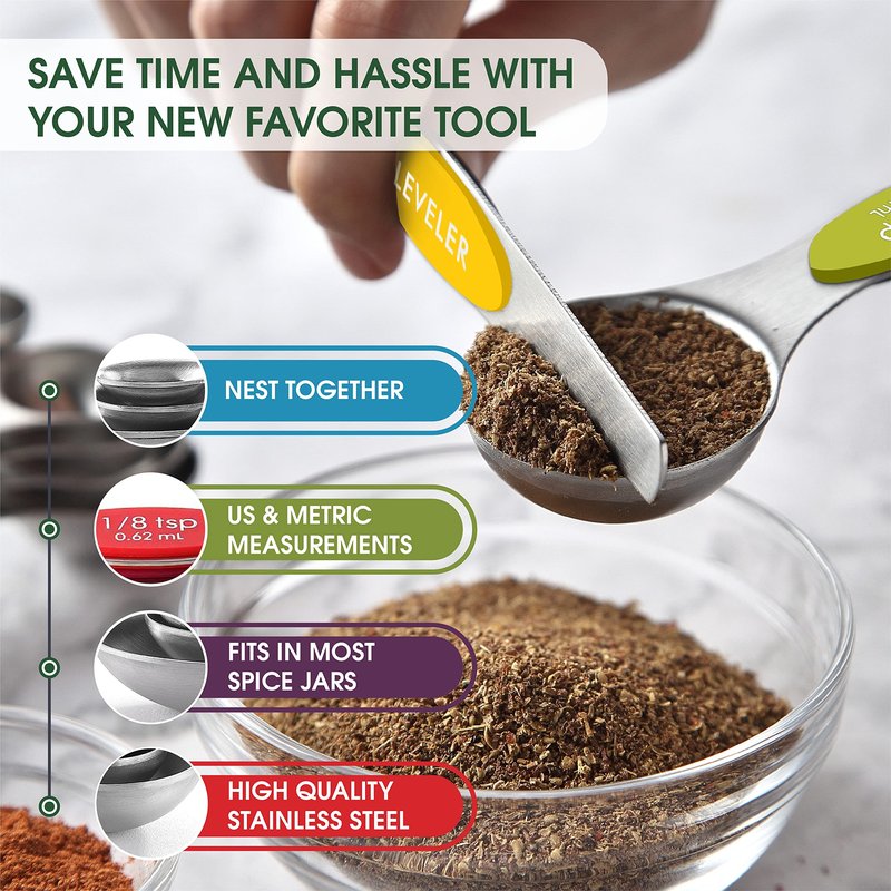 Spring Chef Multicolor Stainless Steel Magnetic Measuring Spoons Set of 8 with Leveler, Nesting Metal Teaspoon & Tablespoon Measuring Spoons, Kitchen Gadgets for Baking & Cooking - 2 Pack