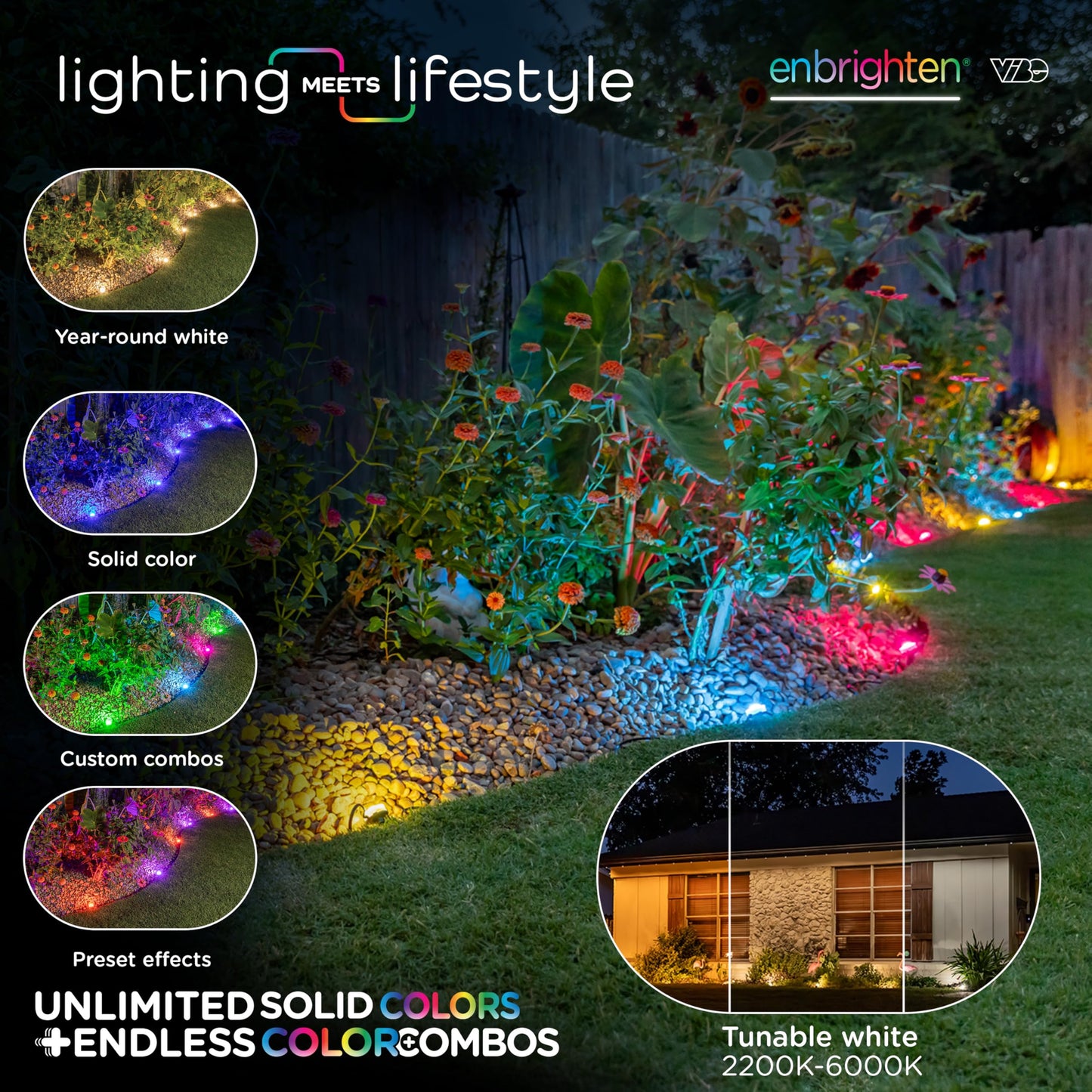 Enbrighten Vibe Eternity Landscape Lights, 33ft, 8 RGBWIC LEDs, Weatherproof, Perfect for Garden, Pathway, and Home Exterior Lighting, Smart App Control, Compatible with Alexa, Google Home, 83789