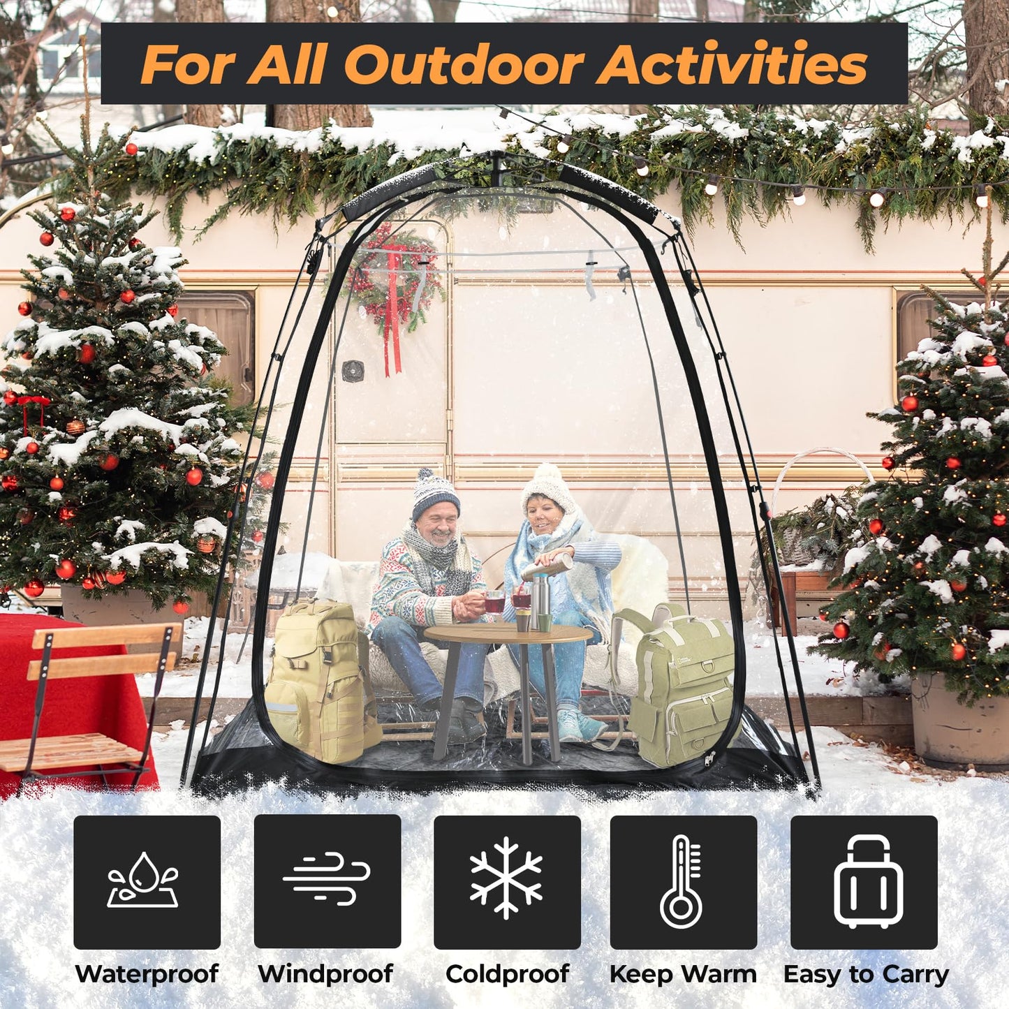 Weather Proof Pod Screen House Pop Up Bubble Tent, Portable Igloo for Camping Outdoor Gazebo Weatherproof Cold Protection Tiny Homes, Black (6x6FT)