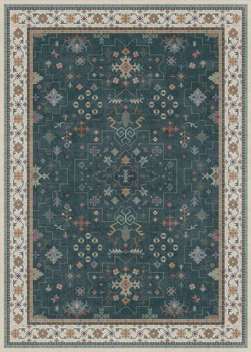 Hazo Haus Dark Green Oushak 5x7 Area Rug - Modern Vintage Boho Floral Design, Washable Non-Slip for Living Room & Nursery