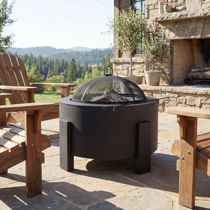 Christopher Knight Home Flicker Wood Burning Steel Fire Pit with Spark Screen, 25" Round Portable Steel Patio Heater for Camping, Patio, Backyard, Rust-Resistant Powder-Coated Finish, Black