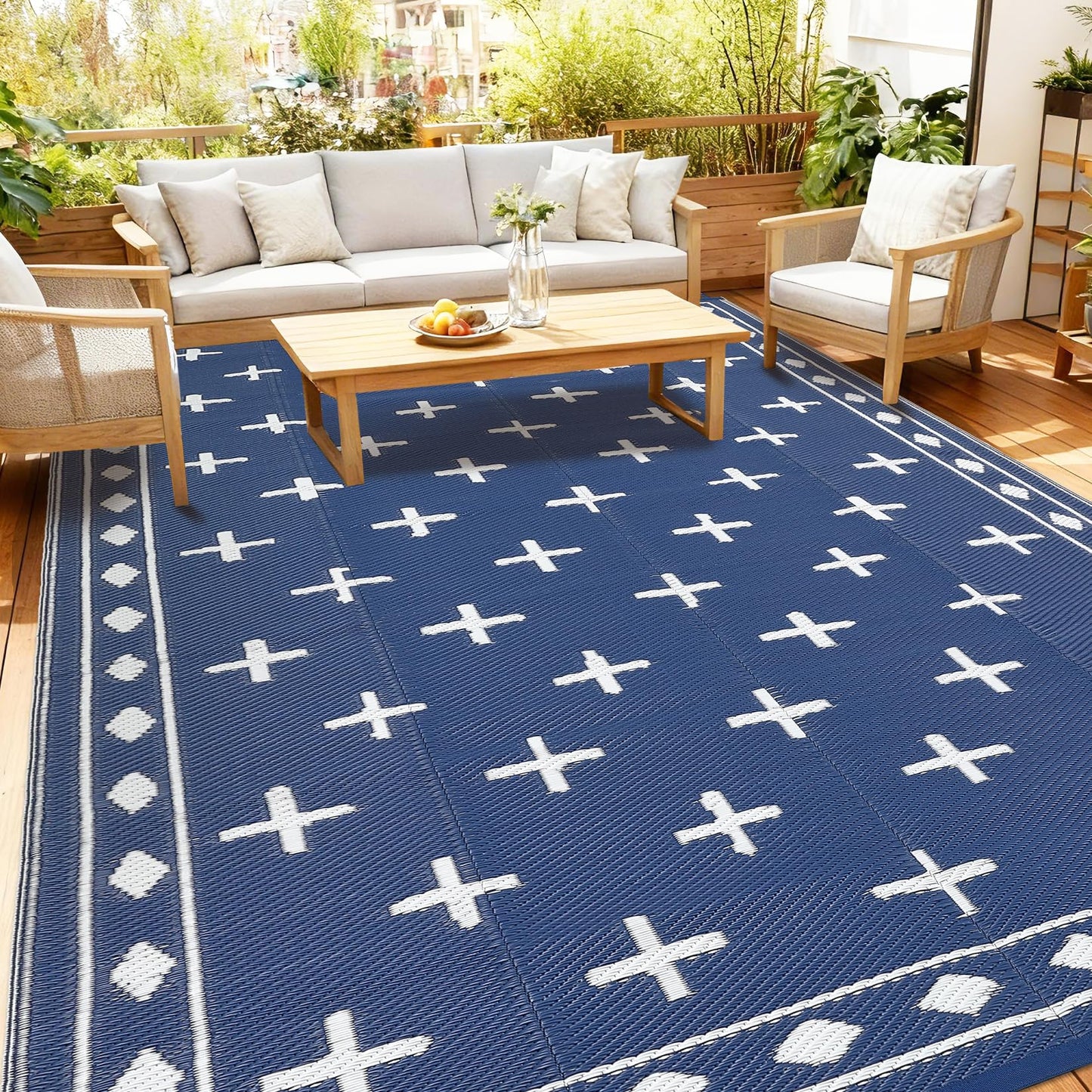 Garvee Large 9x18 Outdoor Area Rug, Waterproof Plastic Straw Mat with Framed Geometric Design for RV Awning, Patio, Deck, Garden, Camping, Beach and Backyard,Dark Blue