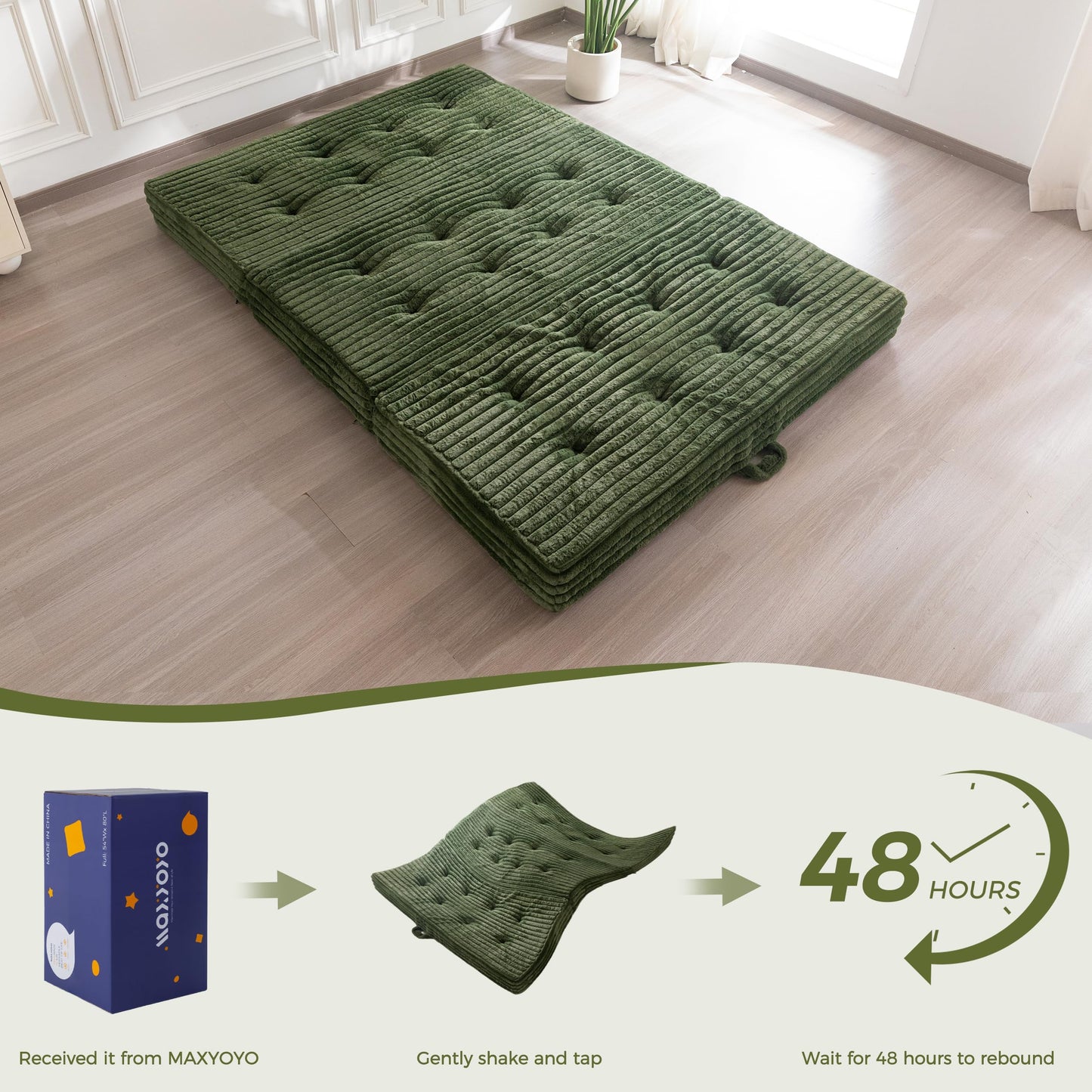 MAXYOYO Floor Sofa Couch, 6 Inch Tri-Fold Floor Sofa Bed, Folding Couch with Handles, Soft Faux Fur Folding Bed with Supportive Foam Filling, Portable Sofa for Living Room, Full, Dark Green