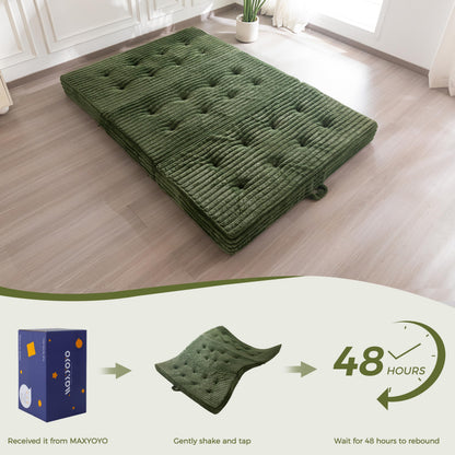 MAXYOYO Floor Sofa Couch, 6 Inch Tri-Fold Floor Sofa Bed, Folding Couch with Handles, Soft Faux Fur Folding Bed with Supportive Foam Filling, Portable Sofa for Living Room, Full, Dark Green