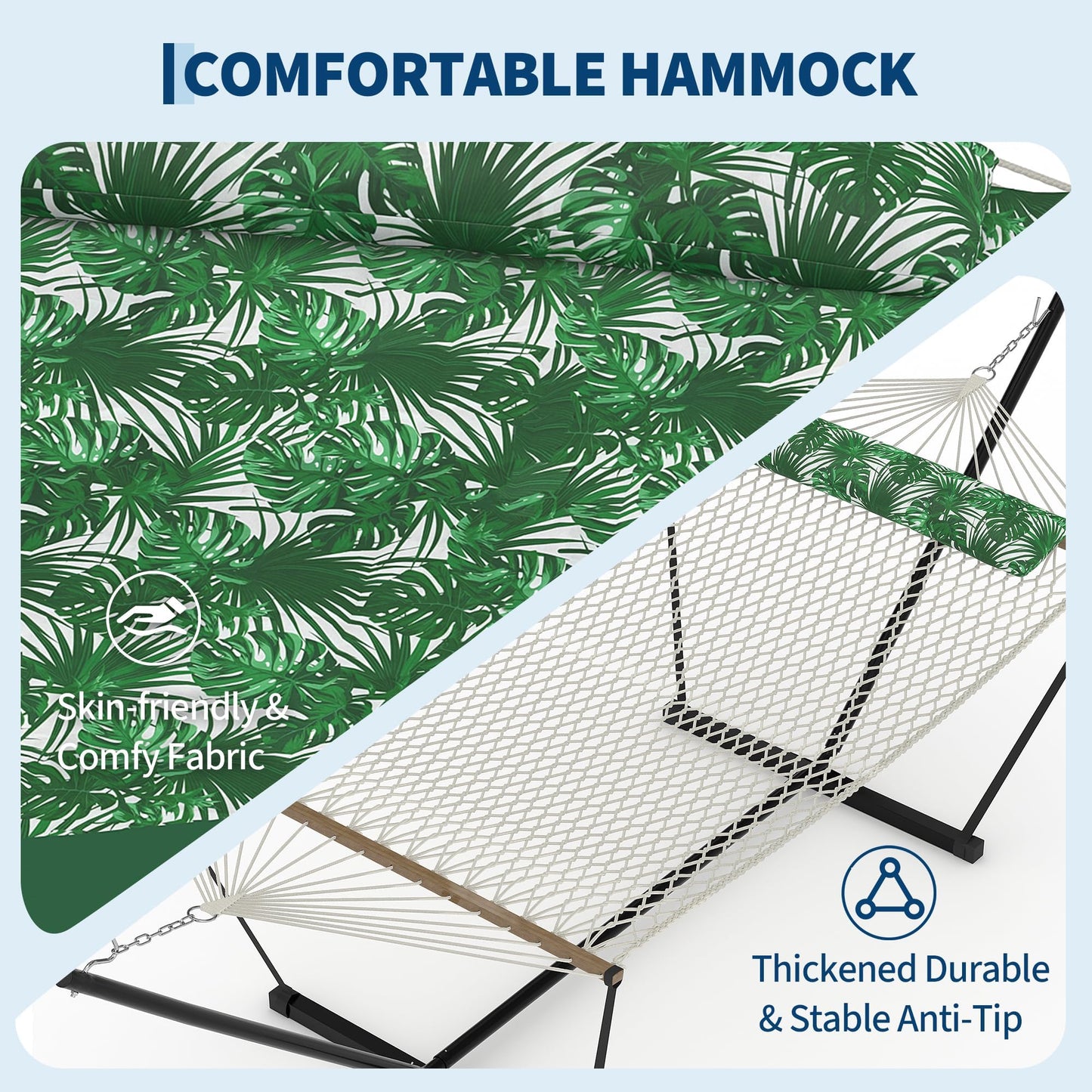 2 Person Outdoor Hammock with Stand, Person Cotton Rope Hammock with Polyester Pad, Portable Hammock with Carrying Bag, for Patio, Garden, Beach, Backyard Camping
