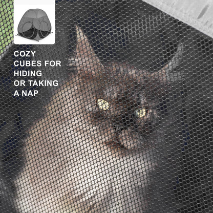 Catio Outdoor Cat Enclosure, 3-in-1 Extra Large Portable Cat Playpen with Tower Tent & Tunnel, Foldable Waterproof Mesh Catio for Indoor Outdoor Cats & Small Pets