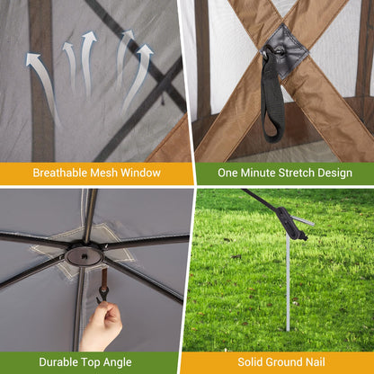 Hipicute Pop Up Gazebo,10 X 10 Ft Portable Outdoor Camping Pop Up Canopy Screen Tent with Mosquito Netting Gazebo,Waterproof 6 Sidewalls,Ground Stakes,Carry Bag for Lawn, Garden, Backyard(Brown)