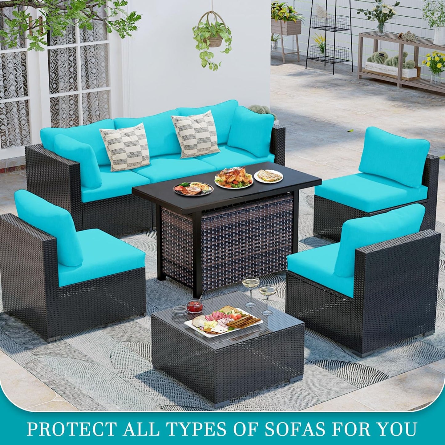Skiennix 14-Piece Stretch Patio Cushion Covers - Washable & Reusable Outdoor Sofa Slipcovers | Sky Blue