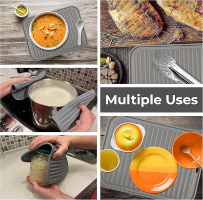 Skiennix Silicone Trivets - Heat-Resistant Pot Holders for Kitchen | 2 Pack, 9 x 12 Inch, Grey
