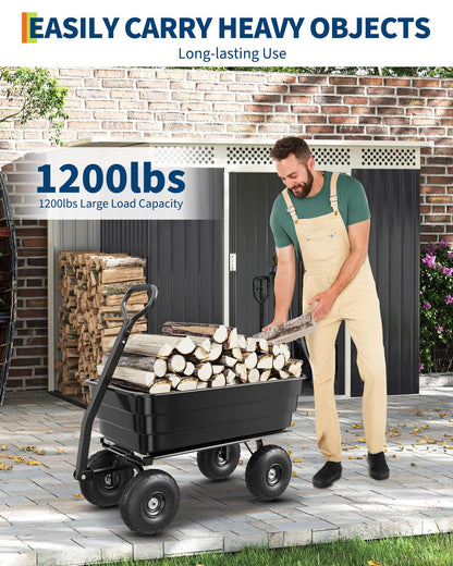 1200LB Capacity Heavy Duty Garden Utility Wagon, All-Terrain Dump Cart with 180° Adjustable Handle & Quick Release for Soil, Plants, Tools, Black