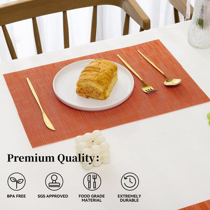 Leetaltree Orange Placemats Set of 12 - Heat Resistant Non-Slip Place mats for Dining Table, Washable Durable PVC Vinyl Woven Table Mats（Orange, 12）