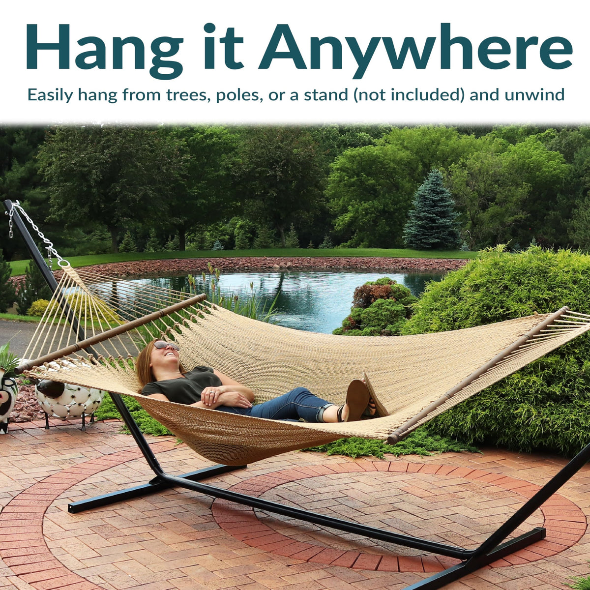 Sunnydaze Soft-Spun Polyester Rope Double Hammock for Outside - 600-Pound Weight Capacity Extra Large Hammock - Tan