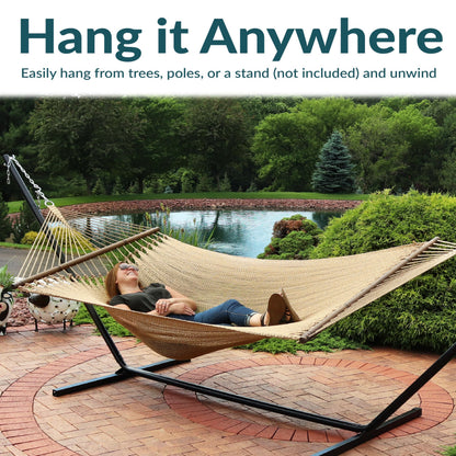 Sunnydaze Soft-Spun Polyester Rope Double Hammock for Outside - 600-Pound Weight Capacity Extra Large Hammock - Tan