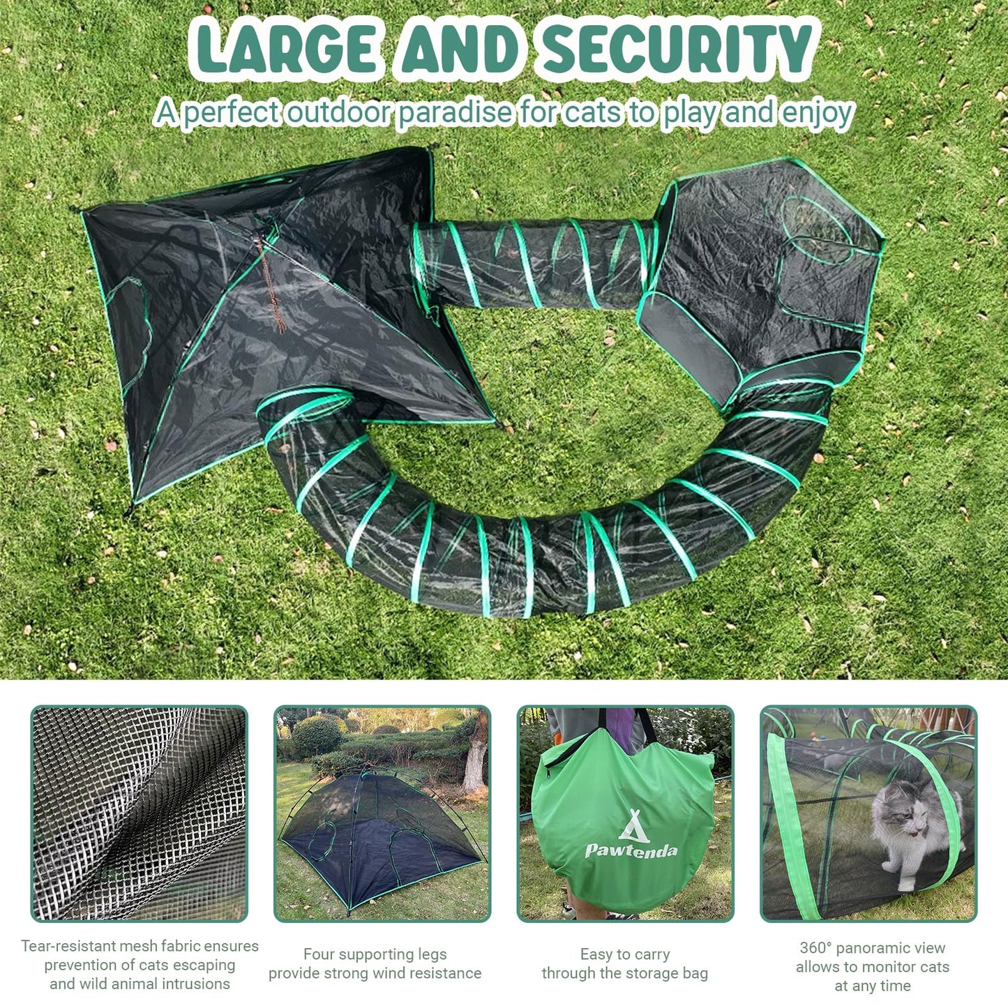 Pawtenda Cat Tents for Outside, Green Outdoor Cat Enclosures, Foldable Pet Playpen with Tunnels for Outside, Portable 4-in-1 Catio Including 2 Tents and 2 Tunnels