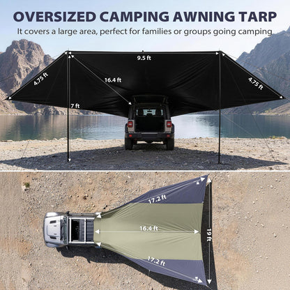 GEERTOP Large Car Awning Tarp Blackout Sun Shade Shelter for SUV Truck Tailgate Canopy Waterproof for Camping Beach Tailgating - Easy Setup with Poles