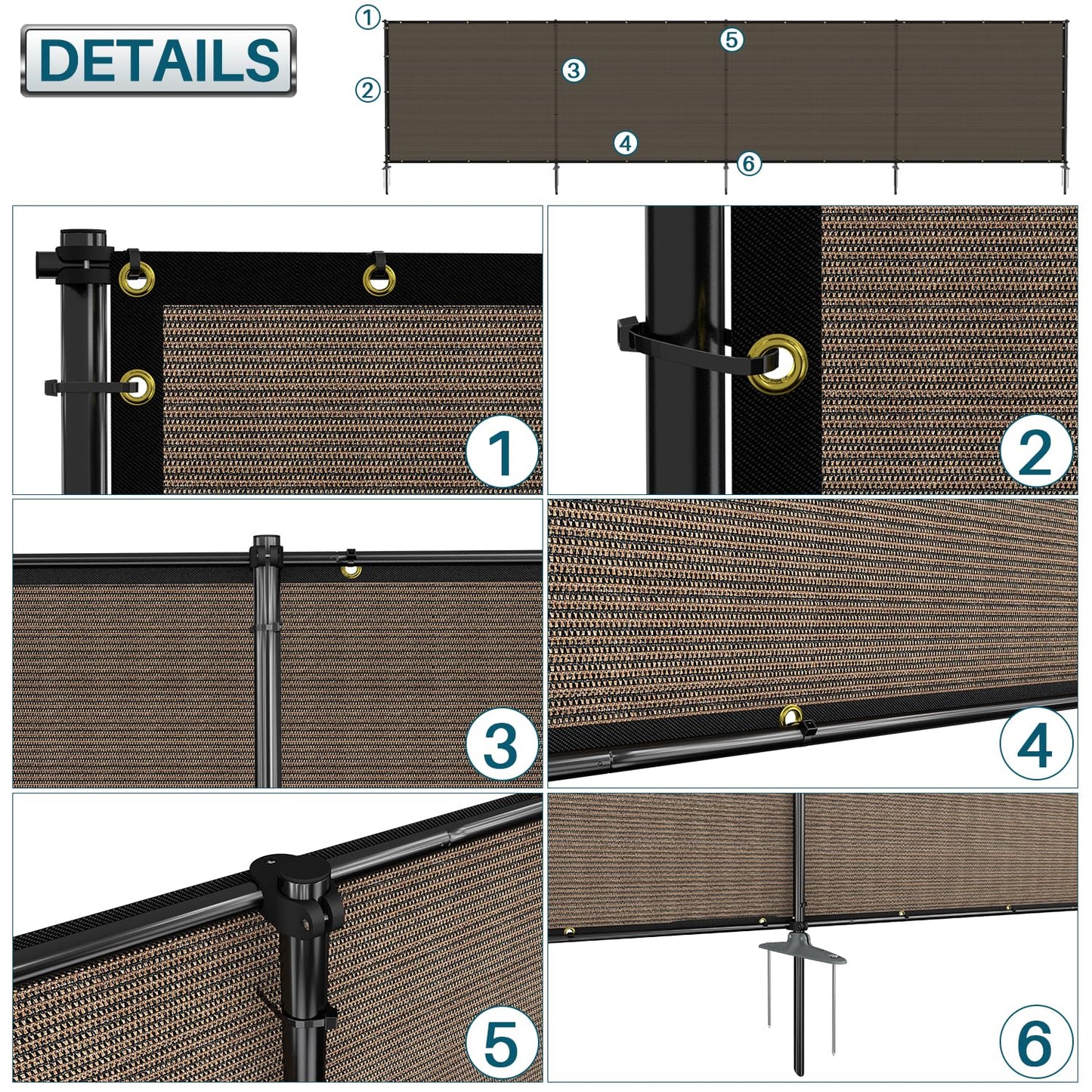 Coarbor Iron Poles Privacy Fence 5'H x 12'W Metal Fence Covering Privacy Fence Screen with Zipties and Base Anchor for Outside Garden Backyard Dog Kennel Chicken Pool, Brown