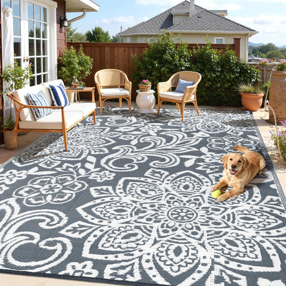 Findosom Waterproof Outdoor Rug 9' x 18' - Reversible Mandala Outdoor Plastic Straw Rug, Durable Foldable Patio Rug for RV, Deck, Balcony, Backyard, Picnic, Porch, Camping, Beach, Gray