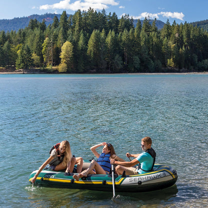 INTEX 68380EP Seahawk 3 Inflatable Boat Set: Includes Deluxe 54in Boat Oars and High-Output Pump – SuperStrong PVC – Fishing Rod Holders – 3-Person – 790lb Weight Capacity