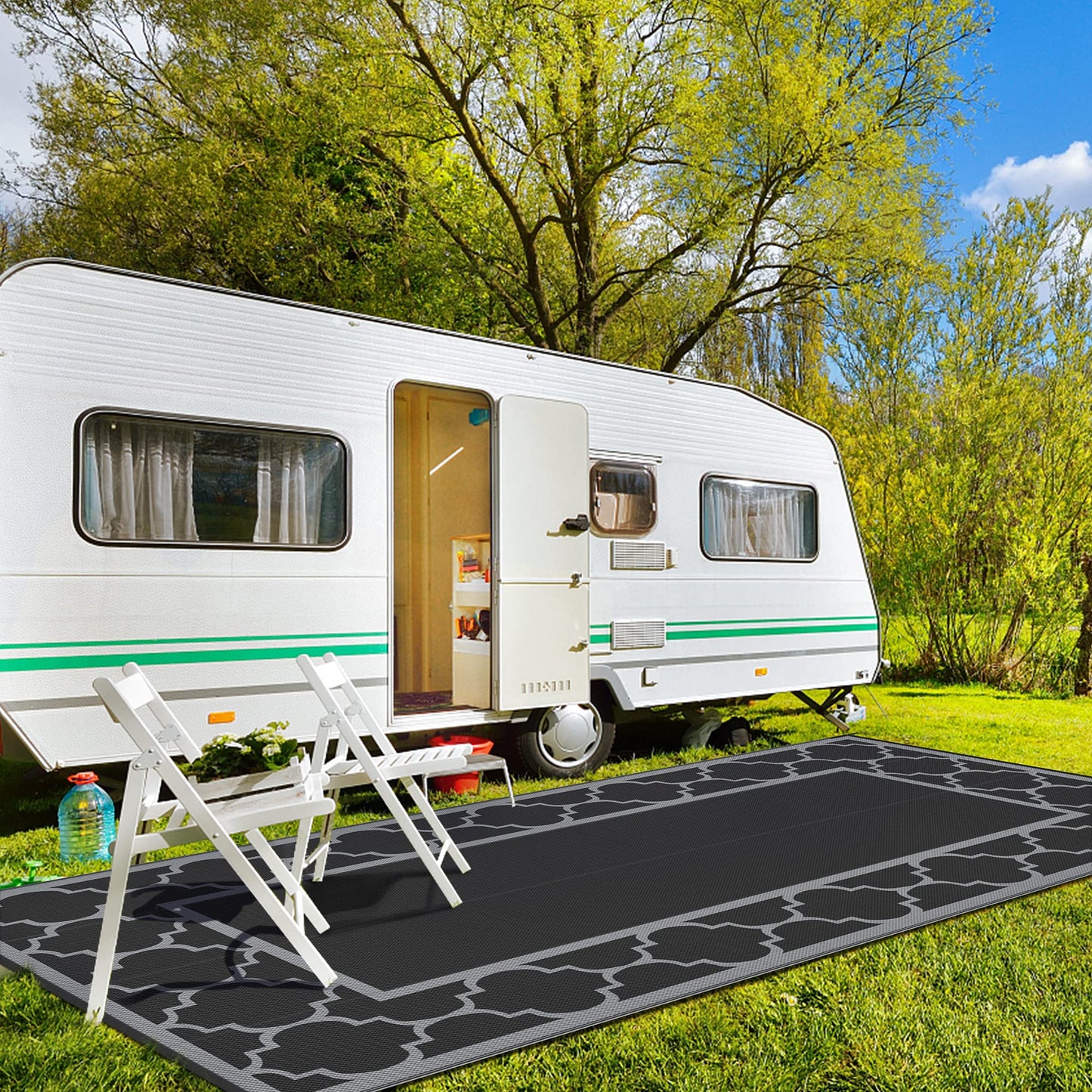 GENIMO 9' x 18' Outdoor Rug Waterproof for Patio, Foldable Reversible Plastic Straw Area Rugs Mat for Rv Decor, Outside Carpet for Camper, Deck, Picnic, Beach, Balcony, Porch, Black & Grey