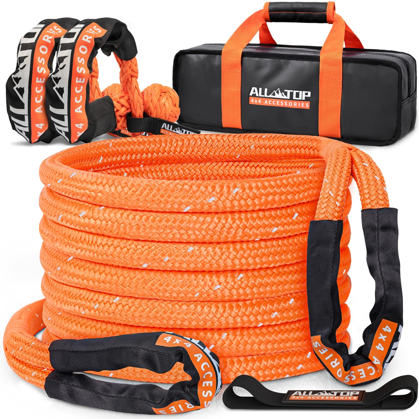 ALL-TOP Kinetic Rope Kit (Reflective) w/ 2 Soft Shackles, 48000Lbs, 1in x 30ft, Heavy Duty 30+% Elasticity, 16000Lbs Work Load Limit