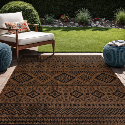 Beverly Rug Waikiki Boho Indoor Outdoor Rug 9x12, Washable Outside Carpet for Patio, Deck, Porch, Bohemian Area Rug, Farmhouse Rugs, Aztec Tribal Rug, Nut Brown and Black