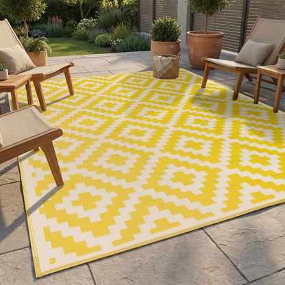 FH Home Outdoor Camping Rug - Waterproof, Fade Resistant, Reversible - Premium Recycled Plastic - Geometric - Large Patio, Deck, Sunroom, RV - Aztec - Yellow & White - 9 x 18 ft Foldable