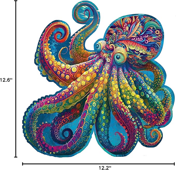 Mys Aurora Unique Wooden Jigsaw Puzzles - Agate Octopus 300 Pcs Medium Size 12.6'' x 12.2'' Luxurious Animal Shaped Wood Puzzle Beautiful Package Best Gift for Adults