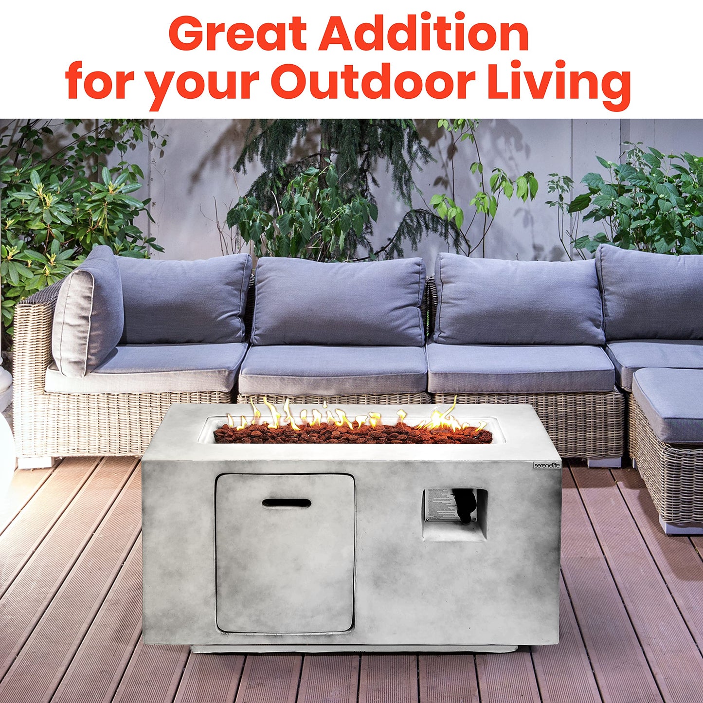 SereneLife Concrete Outdoor Propane Fire Pit Table, 50,000 BTU Square Gas Fire Table with Adjustable Flame, Lava Rocks, Weather-Resistant Design, and Protective Cover for Patio, Deck, or Backyard