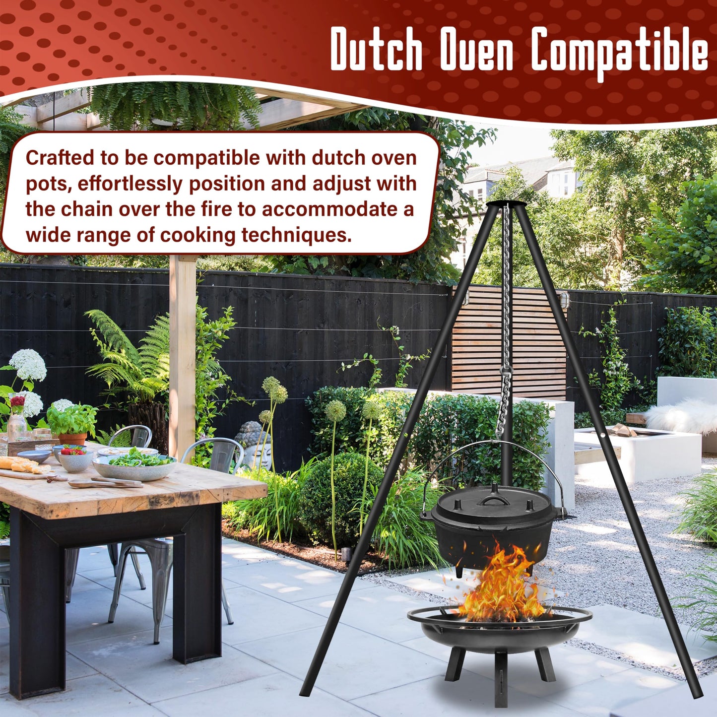 FEBTECH - 55-inch Steel Tripod Campfire Grill Set - Portable BBQ Grate with Stand for Outdoor Cooking Camping Fire Pit