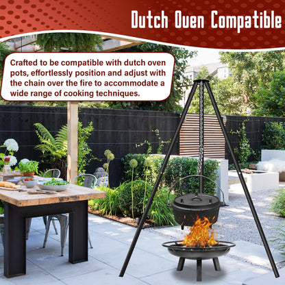 FEBTECH - 55-inch Steel Tripod Campfire Grill Set - Portable BBQ Grate with Stand for Outdoor Cooking Camping Fire Pit