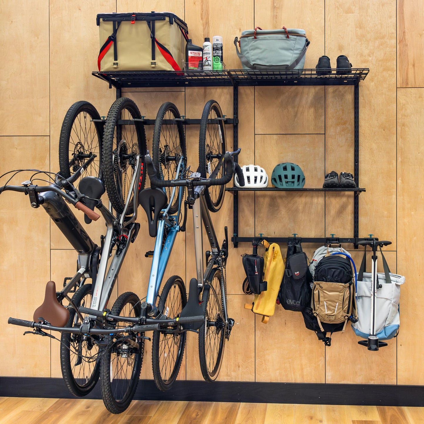 StoreYourBoard G-Bike Pro Garage Storage System, Adjustable 5 Bike Rack With Shelves, Vertical Wall Organizer, Bicycle Hanging Hooks, Holds 500 Lbs