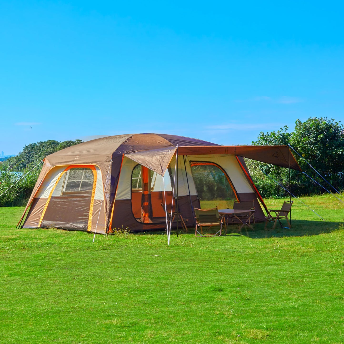 KTT Extra Large Tent 12-14 Person,Family Cabin Tents,2 Rooms,Straight Wall,2 Doors 4 Windows with Mesh,Waterproof,Straight Wall,Big Tent for Outdoor,Picnic,Camping,Gathering(Brown)