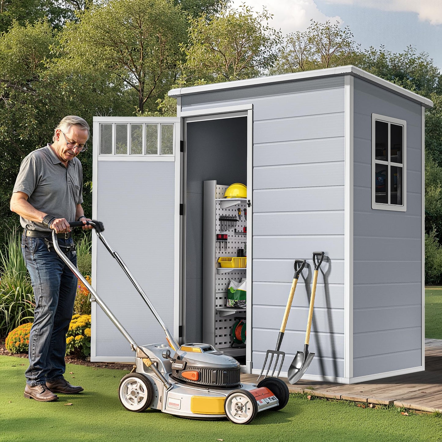 DWVO Outdoor Storage Shed, All-Weather Resin Plastic Storage Shed with Windows, Slanted Roof, Raised Floor, Capacity for Garden Tools & Equipment, Ideal for Backyard & Garden (Gray, 5X3FT)