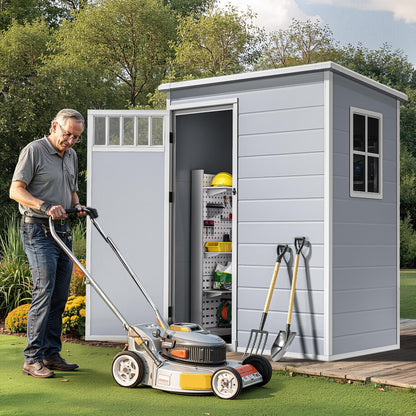 DWVO Outdoor Storage Shed, All-Weather Resin Plastic Storage Shed with Windows, Slanted Roof, Raised Floor, Capacity for Garden Tools & Equipment, Ideal for Backyard & Garden (Gray, 5X3FT)